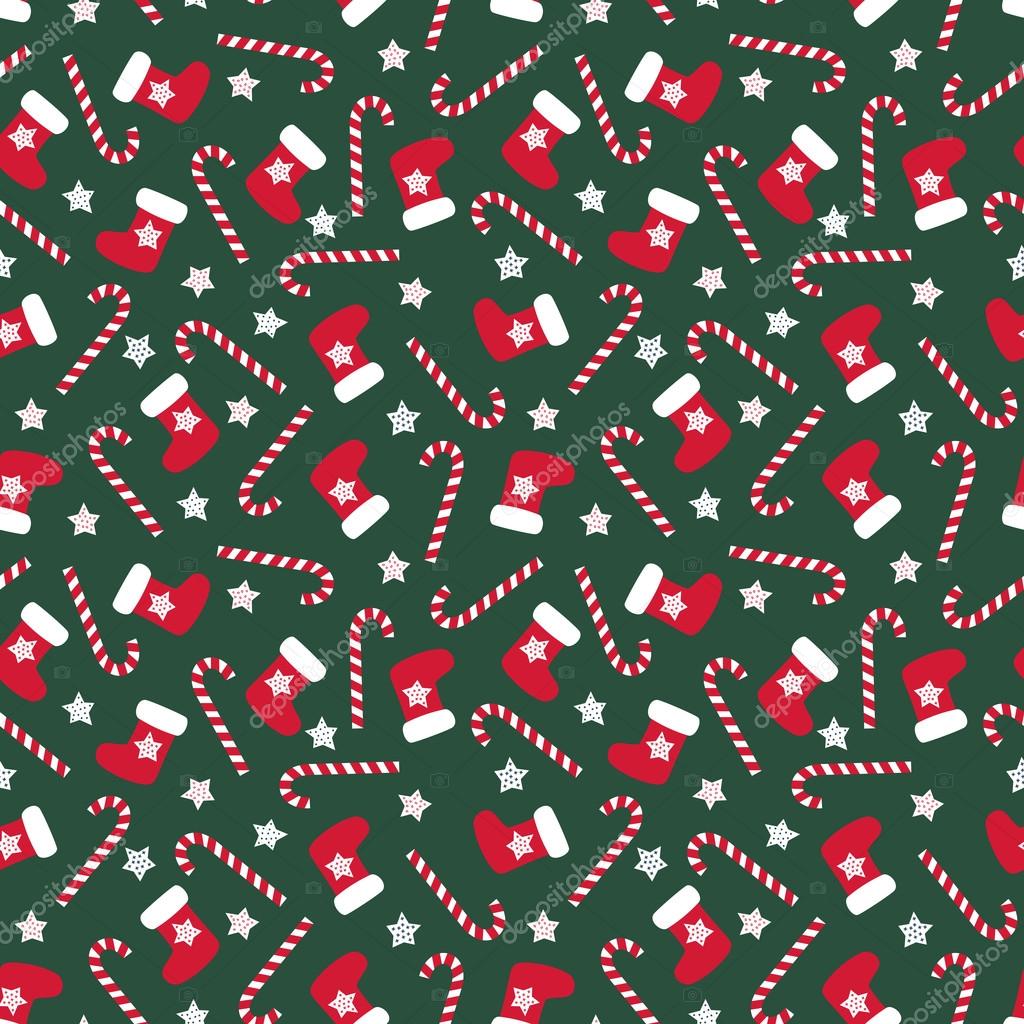 Seamless Christmas pattern with xmas stocking, stars and candy canes