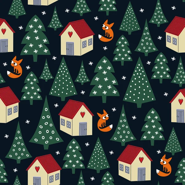 Padrão de Natal noite sem costura inverno - árvores de Natal variadas, casas, neve e raposas . — Vetor de Stock