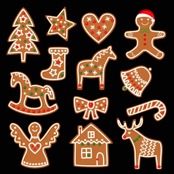 Galletas de jengibre de Navidad aisladas sobre fondo negro - árbol de Navidad, bastón de caramelo, ángel, campana, calcetín, hombres de jengibre, estrella, corazón, ciervo, caballo mecedora . — Vector de stock