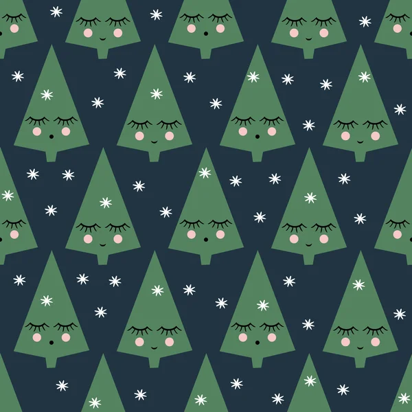 Seamless pattern with smiling sleeping xmas trees and snowflakes. Happy New Year background. Vector design for winter holidays on dark blue background. — Stock Vector