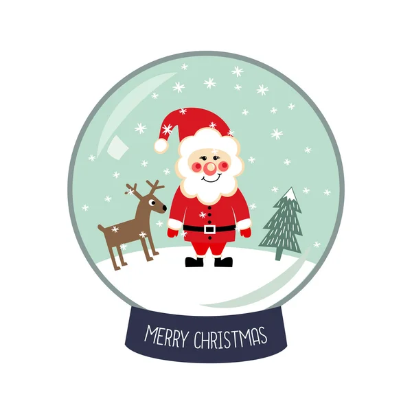 Sfera di neve di Natale con la neve che cade, Babbo Natale, albero di Natale e cervo illustrazione . — Vettoriale Stock