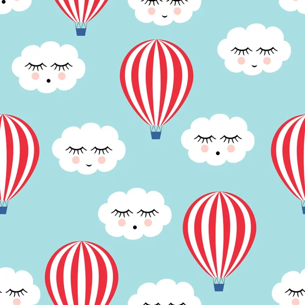 Uyuyan bulutlar ve sıcak hava gülümseyen seamless modeli balonlar. Şirin Bebek duş vektör arka plan. — Stok Vektör