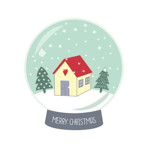 Sfera di neve di Natale con neve che cade, casa carina e alberi di Natale illustrazione . — Vettoriale Stock