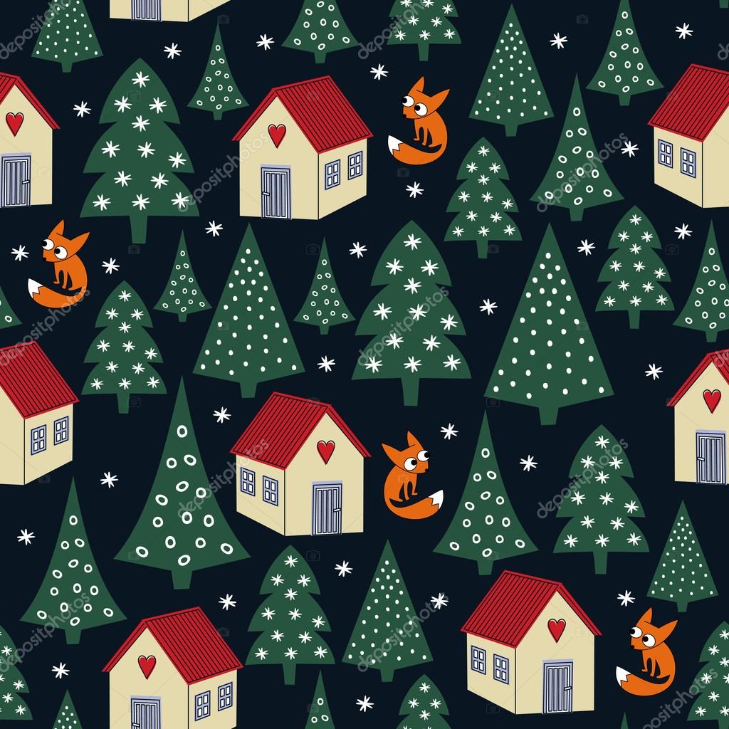 Seamless night winter Christmas pattern varied Xmas trees houses snow and foxes Happy New Year background Child drawing style forest illustration