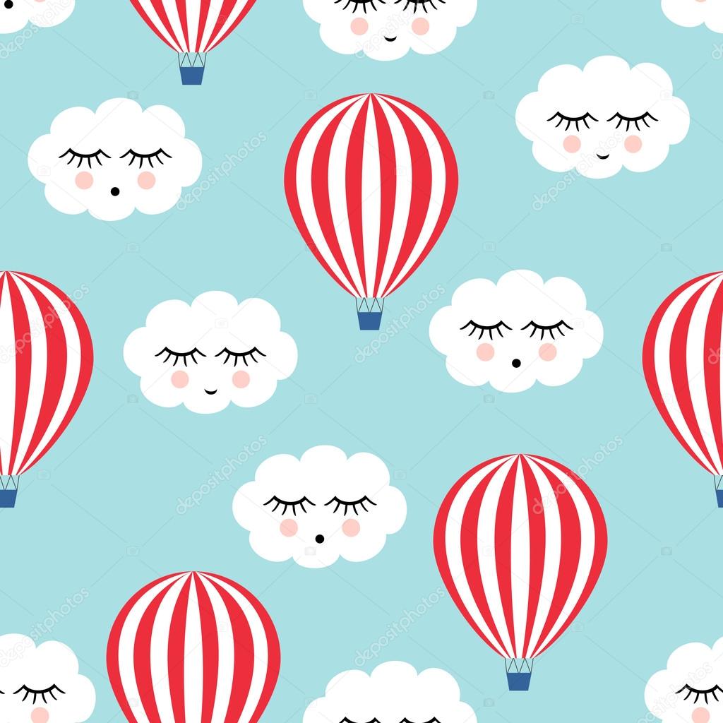 Smiling sleeping clouds and hot air balloons seamless pattern. Cute baby shower vector background.