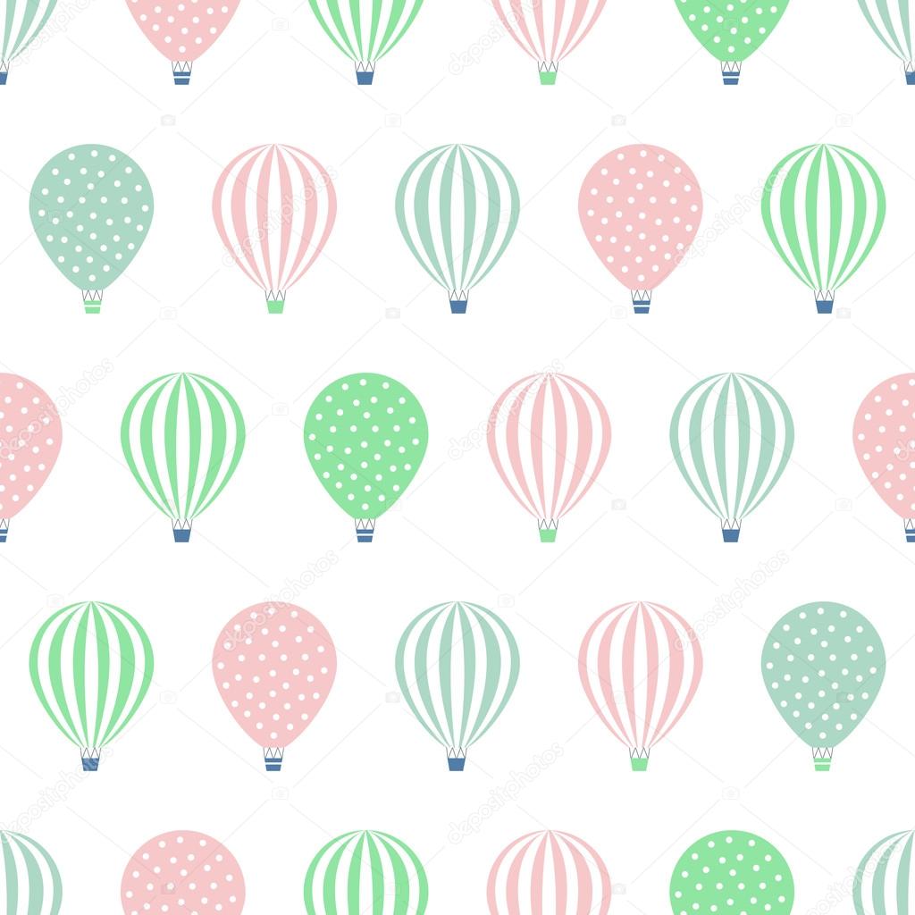 Hot air balloon seamless pattern. Baby shower vector illustrations isolated on white background. Polka dots and stripes.