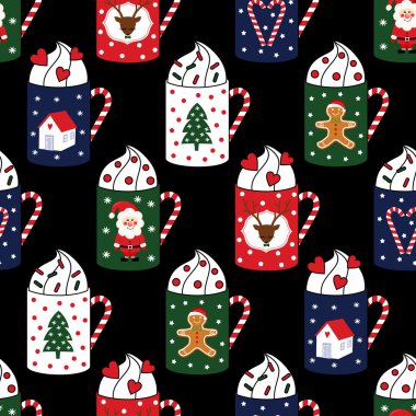 Cute hot cups with santa claus, deer, candy cane heart, xmas tree, gingerbread man seamless pattern. Hand drawn festive vector mugs illustration on black background.