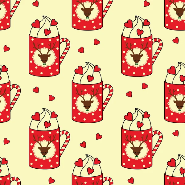 Tazas lindas con ciervos, bastón de caramelo, patrón sin costuras corazones. Tazas de vectores festivos dibujados a mano ilustración sobre fondo crudo . — Vector de stock