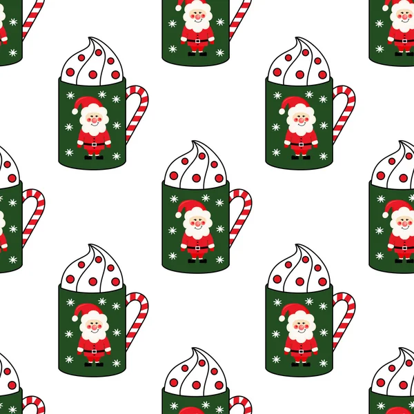 Niedlichen Tassen mit Weihnachtsmann, Zuckerrohr, Schneeflocken nahtlose Muster. handgezeichnete festliche Vektorbecher Illustration auf weißem Hintergrund. — Stockvektor