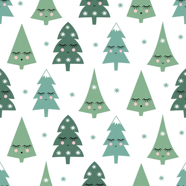 Seamless pattern with smiling sleeping xmas trees and snowflakes. Happy New Year background. Cute vector design for winter holidays on white background. — Stock Vector