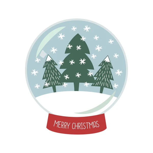 Christmas Snow globe with the falling snow and Xmas trees illustration. Cute Merry Christmas card. — Stock Vector