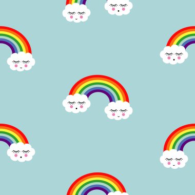 Rainbow background. Seamless pattern with smiling sleeping clouds and rainbows for kids holidays, textiles, interior design, book design.