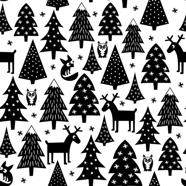 Black and white seamless Christmas pattern - Xmas trees, houses,foxes, owls and reindeer. Happy New Year background. Vector design for winter holidays.