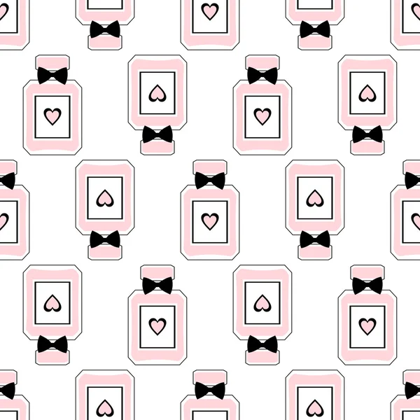 Seamless beauty pattern of perfume bottles with bows and hearts. — Wektor stockowy