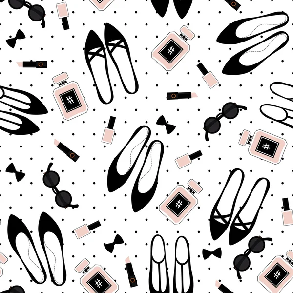 Linda ilustración de moda con zapatos negros, lápiz labial rosa, esmalte de uñas, perfume, gafas de sol sobre fondo de lunares . — Vector de stock