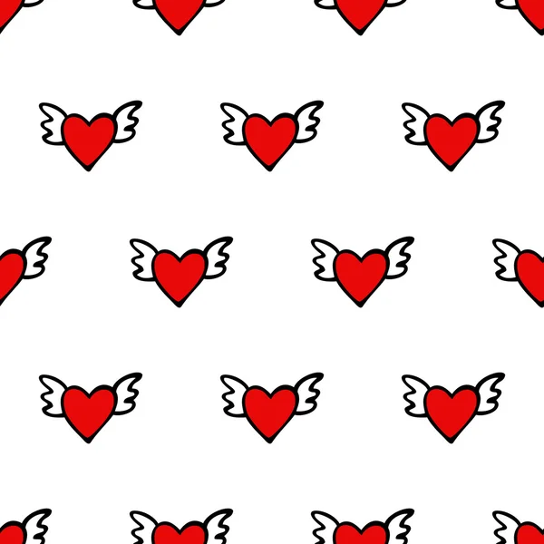 Seamless vector heart pattern for Valentines Day. Cute hearts with wings. — Stockvector