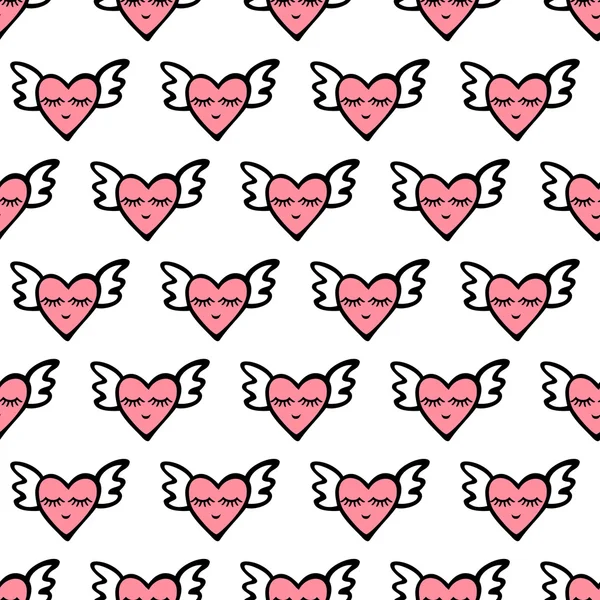 Seamless vector heart pattern for Valentines Day. Cute hearts with wings, smile and eyes. — Stockvector