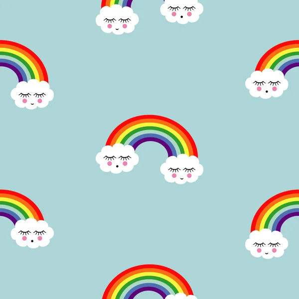 Rainbow background. Seamless pattern with smiling sleeping clouds and rainbows for kids holidays, textiles, interior design, book design. — Stock Vector