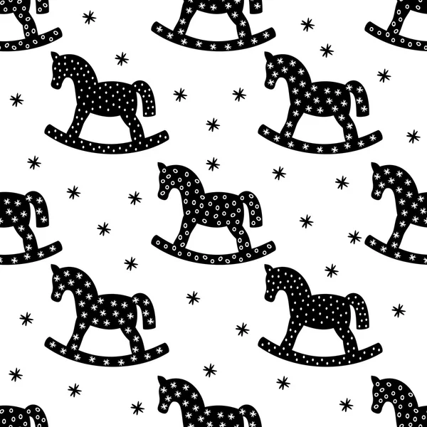 Black and white rocking horses seamless christmas pattern. Winter holidays vector background. Cute baby shower background. — Stockvector