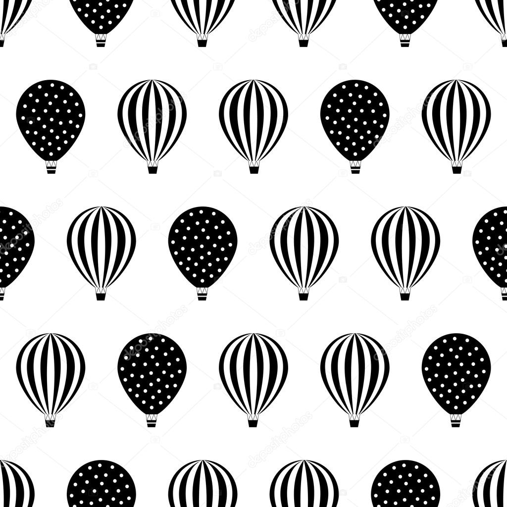 Hot air balloon seamless pattern. Baby shower vector illustrations isolated on white background. Polka dots and stripes.