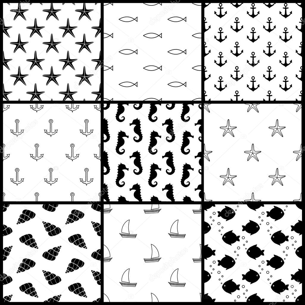 Black and white vector seamless patterns set: anchor, starfish, fish, seahorse, sailboat, shell. Cute nautical backgrounds.