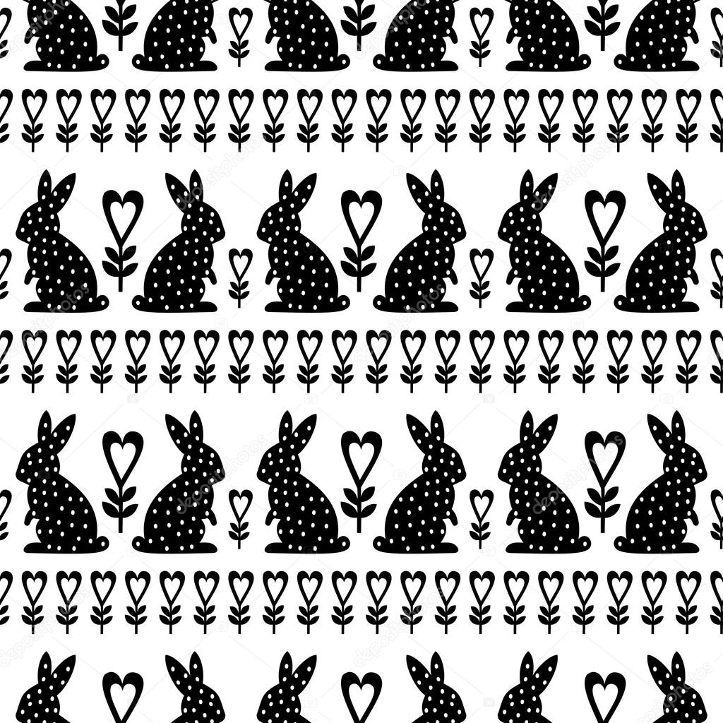 Easter Pattern With Easter Bunny And Flowers On White Background