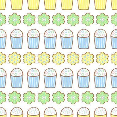 Easter cookies pattern, card - Easter cake and flowers. Cute vector seamless background.