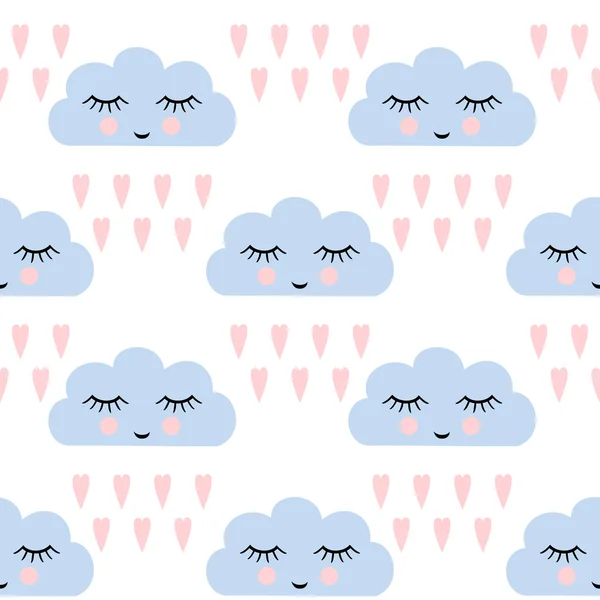 Clouds pattern. Seamless pattern with smiling sleeping clouds and hearts for kids holidays. Cute baby shower vector background. — Stock Vector