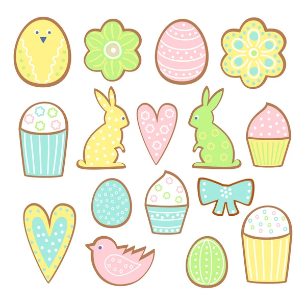 Easter cookies collection. Cookies of different forms isolated on white background - easter eggs, cakes, hearts, bow, bunny, bird, cupcake, flowers. — Stock Vector