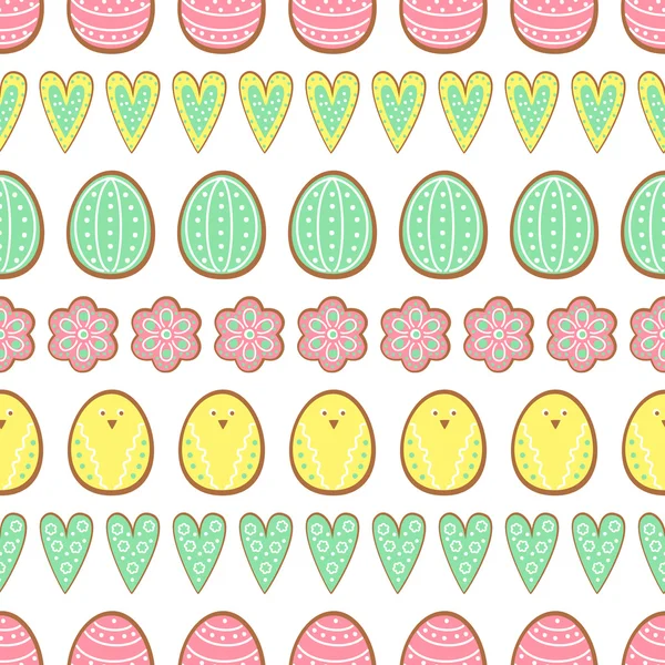 Patrón de galletas de Pascua, tarjeta: huevos de Pascua, corazones y flores. Lindo vector de fondo sin costura . — Archivo Imágenes Vectoriales