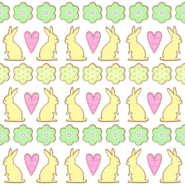 Easter cookies pattern, card - Easter bunny, flowers, hearts. Cute vector seamless background. — Stock Vector