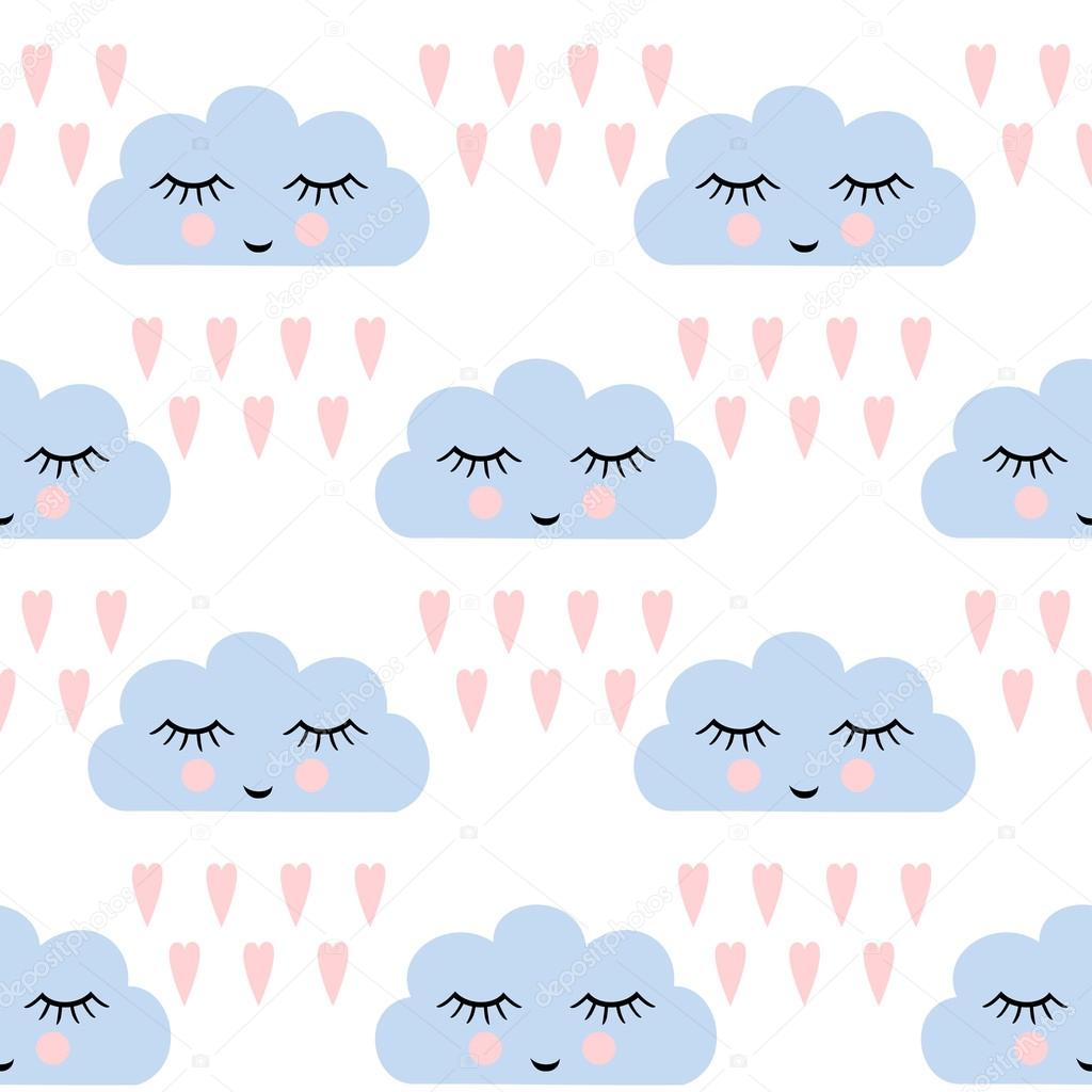 Clouds pattern. Seamless pattern with smiling sleeping clouds and hearts for kids holidays. Cute baby shower vector background.