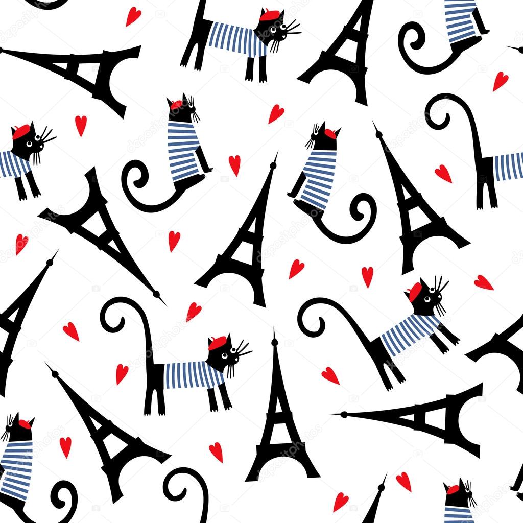 Paris symbols seamless pattern. Cute cartoon parisian cat and tour Eiffel vector illustration. Romantic travel in Paris. Stock Vector Image by ©in_dies_magis #96177066 Paris symbols seamless pattern. Cute cartoon parisian cat and tour Eiffel vector illustration. Romantic travel in Paris. Stock Vector Image by ©in_dies_magis #96177066