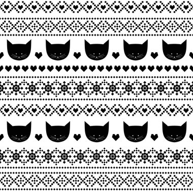 Black and white seamless pattern with cats for kids holidays. Scandinavian sweater style. Christmas decorations. Cute background for winter holidays.