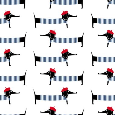 French style dog seamless pattern. Cute cartoon parisian dachshund vector illustration. Child drawing style puppy background.