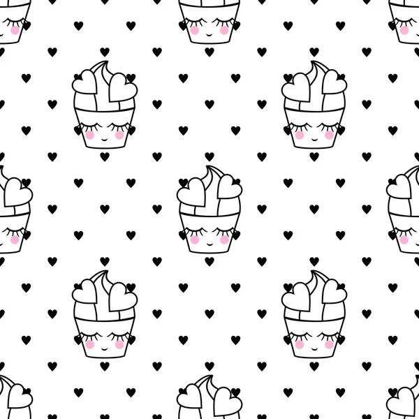 Cupcakes seamless vector pattern. Cute baby shower background with smiling cupcake. — Stok Vektör