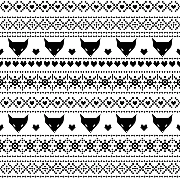 Black and white seamless pattern with fox for kids holidays. Scandinavian sweater style. Christmas decorations. — Stockvector