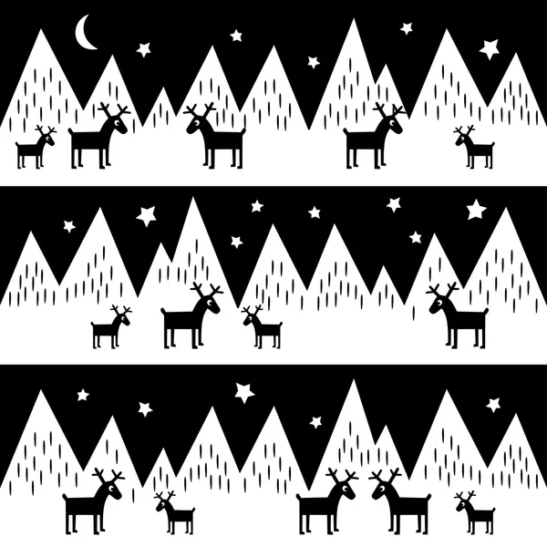 Seamless pattern with geometric snowy mountains and reindeers. Black and white nature illustration. — ストックベクタ