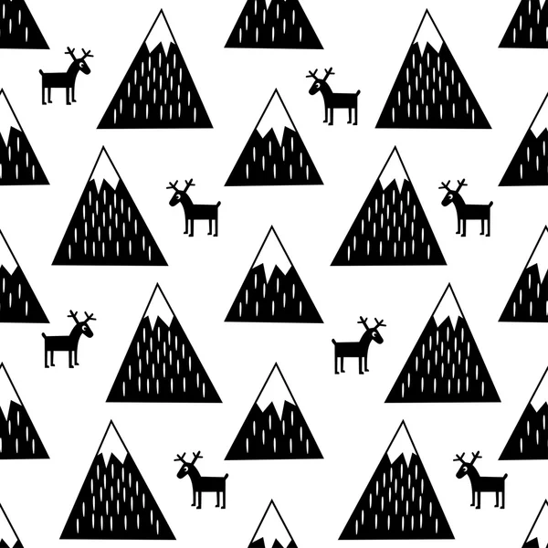 Seamless pattern with geometric snowy mountains and reindeers. Black and white nature illustration. — Stock Vector