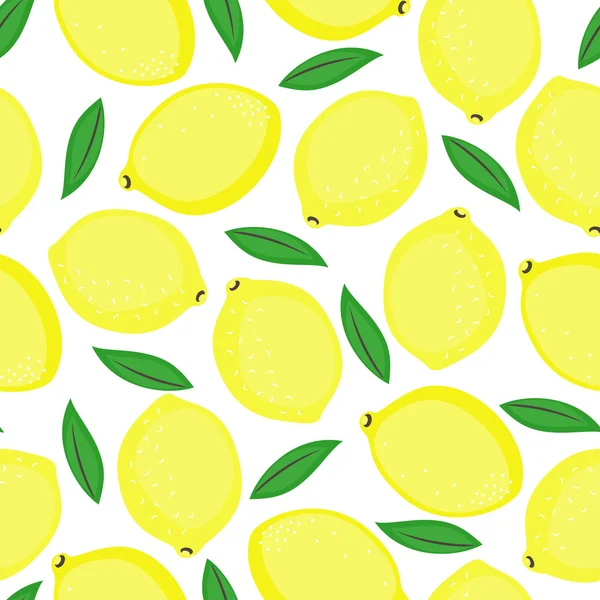 Seamless background with yellow lemons and green leaves. Cute vector lemon pattern. — Stockvector