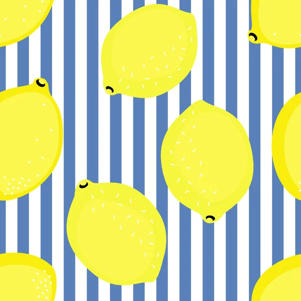 Бесшовный декоративный фон с желтыми лимонами. Летняя векторная иллюстрация фруктов на голубом полосатом фоне . — стоковый вектор