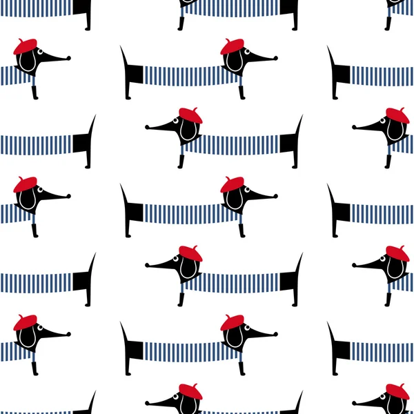 French style dog seamless pattern. Cute cartoon parisian dachshund vector illustration. Child drawing style puppy background. — ストックベクタ