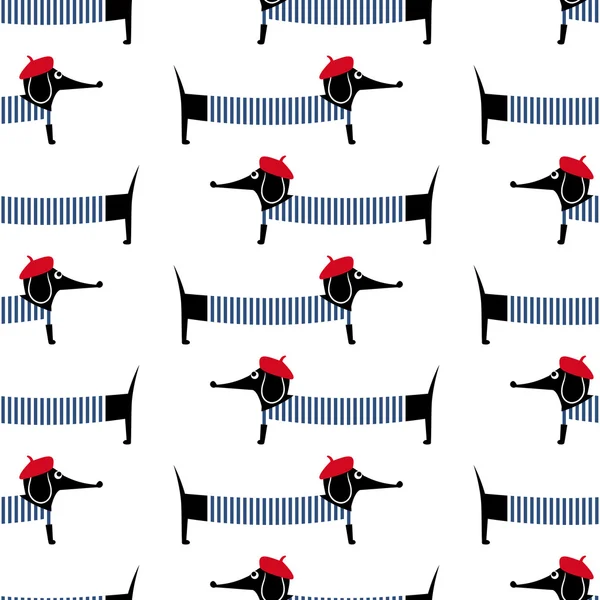 French style dog seamless pattern. Cute cartoon parisian dachshund vector illustration. Child drawing style puppy background.