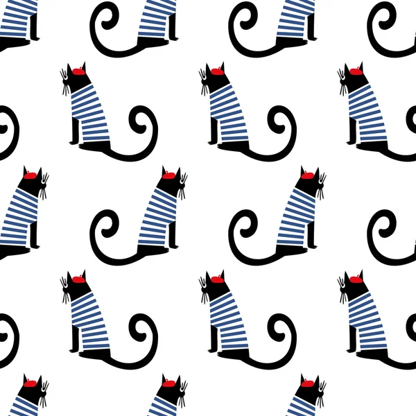 French style cat seamless pattern. Cute cartoon sitting parisian cat vector illustration. Child drawing style kitty background. — Stock Vector