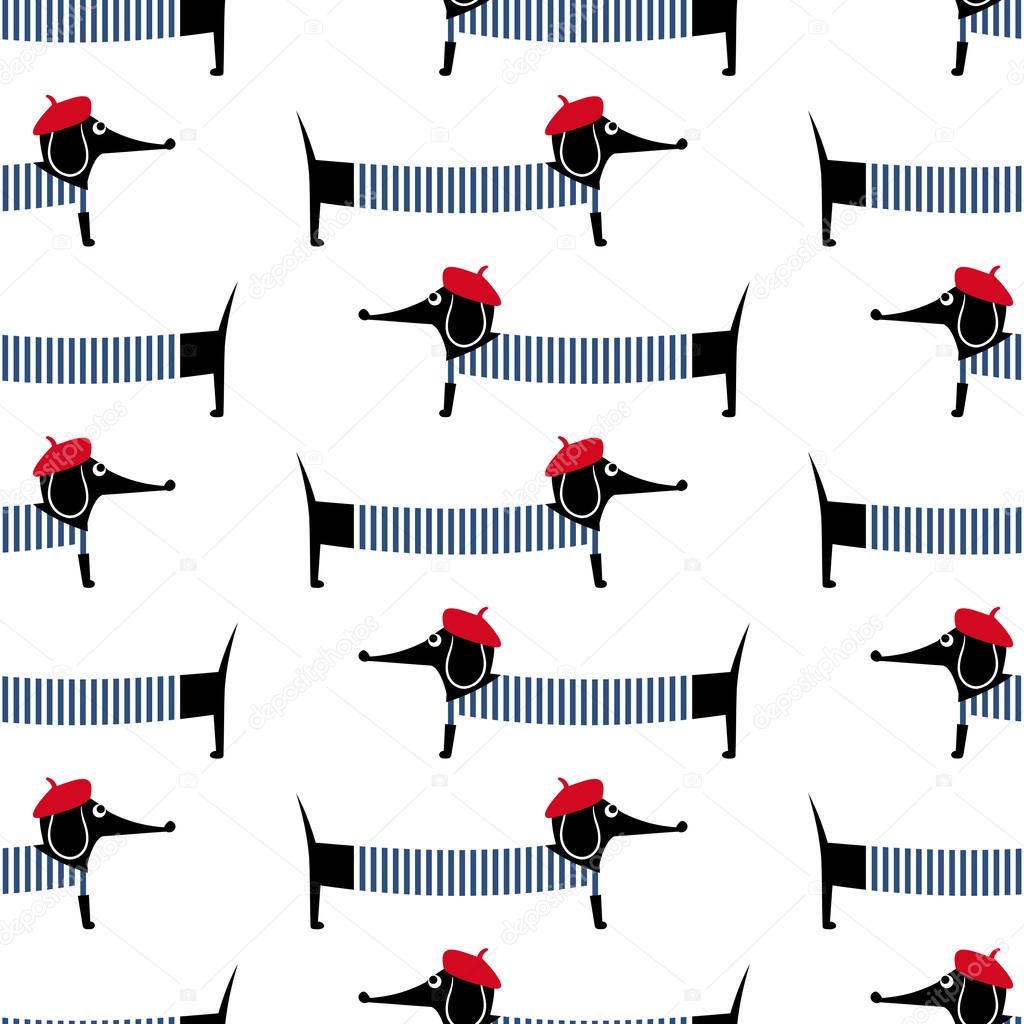 French style dog seamless pattern. Cute cartoon parisian dachshund vector illustration. Child drawing style puppy background.