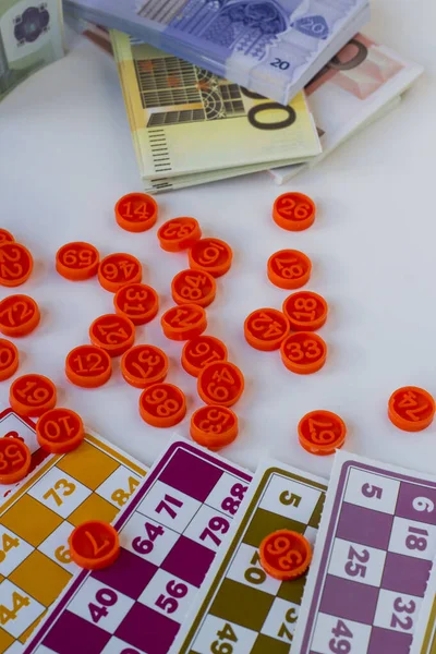 Fargerike Bingo Kort Tall Hvit Bakgrunn Med Euro Sedler Vertikal – stockfoto