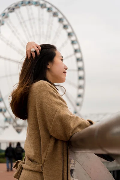 Meisje kammen van haar haar op een Pier — Stockfoto
