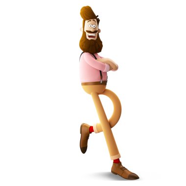 Sakallı, soyutlanmış, yakışıklı, genç bir hippinin üç boyutlu resmi.