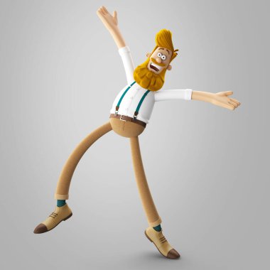 Sakallı, soyutlanmış, yakışıklı, genç bir hippinin üç boyutlu resmi.