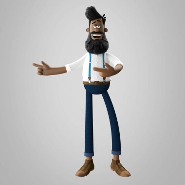 Sakallı, soyutlanmış, yakışıklı, genç bir hippinin üç boyutlu resmi.